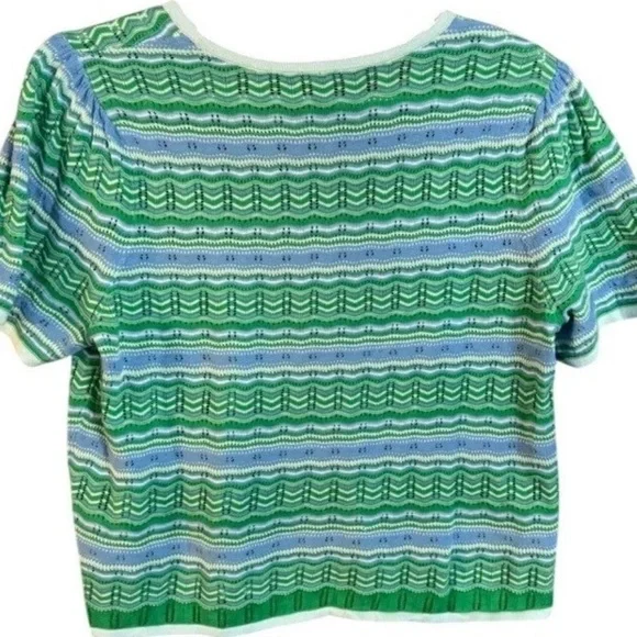 Talbots Open Flame Stitch Green Blue Striped Knit Short Sleeve Top - Picture 4 of 5